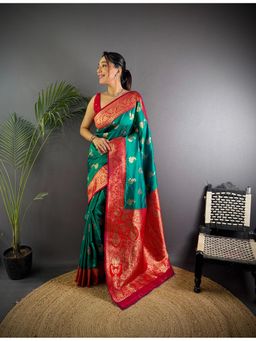 Elora - Women Green Silk Woven Saree with Unstitched Blouse