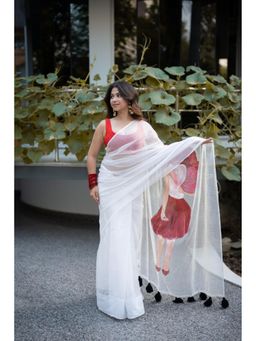The Raksha Store - Women White Kota Printed Saree with Unstitched Blouse