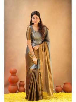 Sutisancha - Women Gold Tissue Colorblock Saree with Unstitched Blouse