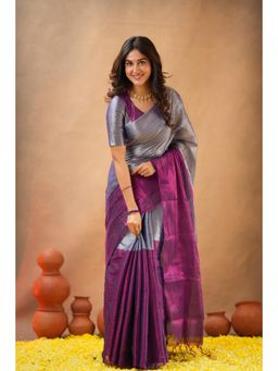 Sutisancha - Women Lavender Tissue Colorblock Saree with Unstitched Blouse