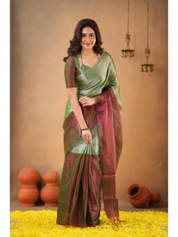 Sutisancha - Women Maroon Tissue Colorblock Saree with Unstitched Blouse
