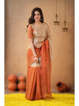 Sutisancha - Women Orange Tissue Colorblock Saree with Unstitched Blouse