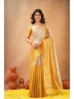 Sutisancha - Women Yellow Tissue Colorblock Saree with Unstitched Blouse