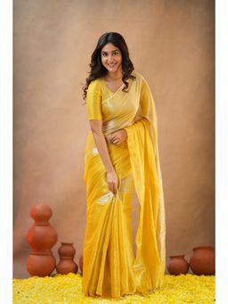 Sutisancha - Women Yellow Tissue Colorblock Saree with Unstitched Blouse