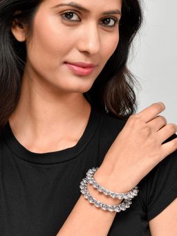 Silvermerc Designs - Silver Toned Oxidised Rose Designed Bangles (Set of 2)