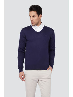 Louis Philippe - Men Navy Knit V Neck Full Sleeves Sweater