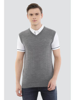 Louis Philippe - Men Grey Textured Crew Neck Sleeveless Sweater