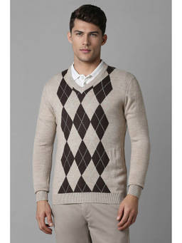 Louis Philippe - Men Beige Argyle V Neck Full Sleeves Sweater