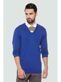 Louis Philippe - Men Blue Textured V Neck Full Sleeves Sweater