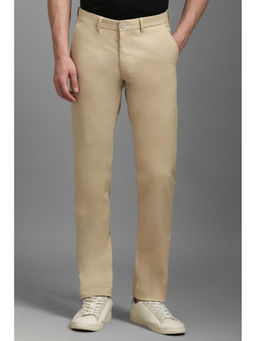 Louis Philippe - Men Beige Slim Tapered Fit Solid Flat Front Casual Trousers