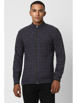 Peter England - Men Grey Textured Stylized Neck Sweater