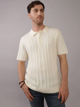 American Eagle - Men Cream Textured Sweater Polo Shirt