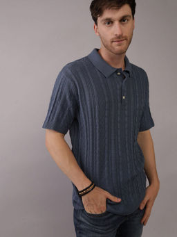 American Eagle - Men Navy Textured Sweater Polo Shirt