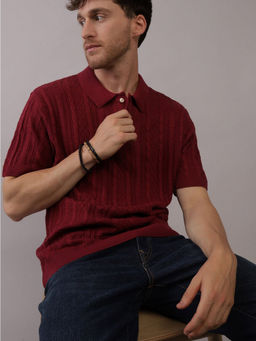 American Eagle - Men Burgundy Textured Sweater Polo Shirt