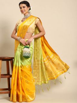 Odette - Yellow Silk Blend Woven Saree with Unstitched Blouse