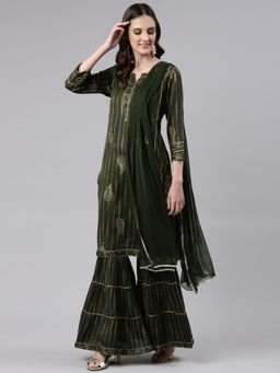 Readiprint - Straight Style Rayon Fabric Olive Green Color Kurta With Bottom & Dupatta