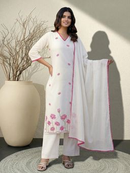 Gahan - Off White Lotus Flower Embroidered Cotton Kurta with Pant & Chanderi Cotton Dupatta