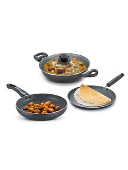 Prestige - Deluxe Granite 3 Pc Kitchen Sets-Fry Pan 24cm, Tawa 25cm, Kadai Lid 24cm Black