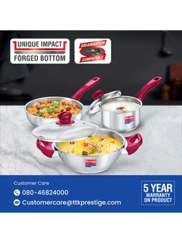 Prestige - Platina Popular Stainless Steel 3 Cookware Set Fry Pan Sauce Pan & Kadai