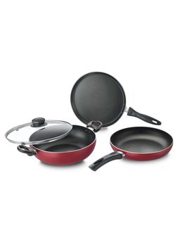 Prestige - Deluxe Plus BYK Set of 3-Tawa 25cm, Fry Pan 24cm/1.7L & Kadai Lid 24cm/2.4L Red