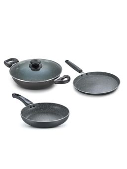 Prestige - Deluxe Granite Alpha 3cookware Set-Kadai Lid 24cm,Tawa 28cm, Fry pan 24cm Black