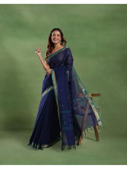 Fabindia - Women Navy Blue Cotton Blend Saree without Blouse