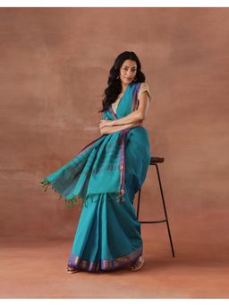 Fabindia - Women Turquoise Cotton Blend Saree without Blouse
