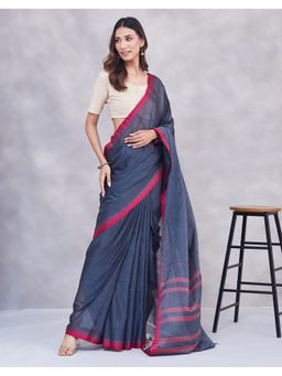 Fabindia - Women Navy Blue Cotton Saree without Blouse