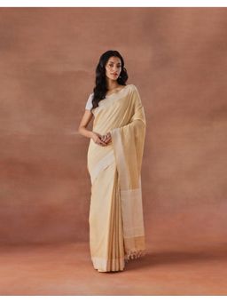 Fabindia - Women Beige Silk Blend Saree without Blouse