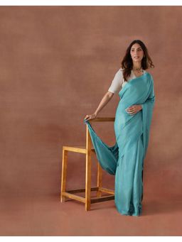 Fabindia - Women Turquoise Silk Saree without Blouse