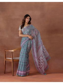 Fabindia - Women Turquoise Cotton Silk Saree without Blouse