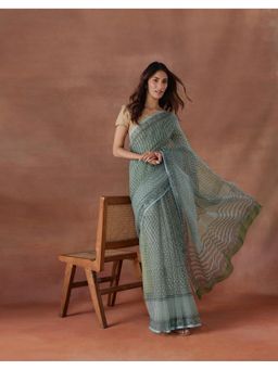 Fabindia - Women Green Cotton Silk Saree without Blouse