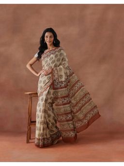 Fabindia - Women Beige Cotton Silk Saree without Blouse