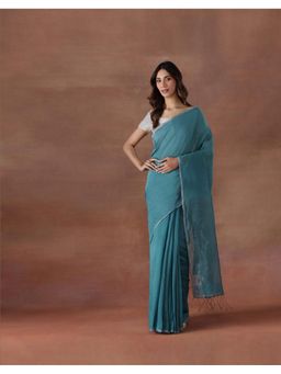 Fabindia - Women Turquoise Cotton Silk Saree without Blouse