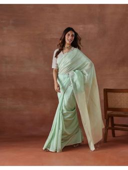Fabindia - Women Green Cotton Silk Saree without Blouse