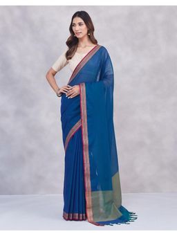 Fabindia - Women Blue Cotton Saree without Blouse