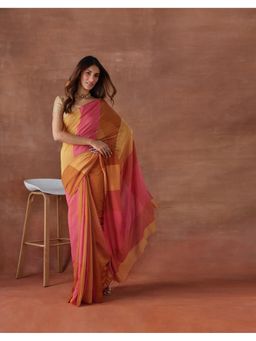 Fabindia - Women Yellow Viscose Blend Saree without Blouse