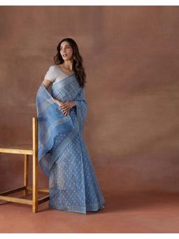Fabindia - Women Blue Cotton Silk Saree without Blouse