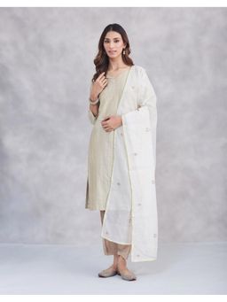 Fabindia - Natural Cotton Silk Embroidered Off White Dupatta