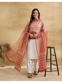 Fabindia - Red Cotton Silk Dabu Printed Dupatta