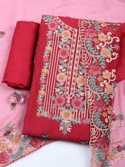 MEENA BAZAAR - Embroidered Pink Cotton Unstitched Kurta with Pant and Dupatta