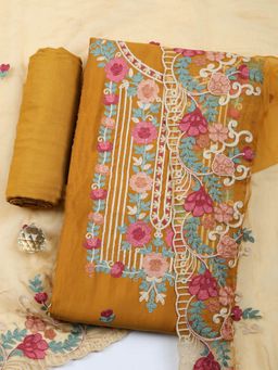 MEENA BAZAAR - Embroidered Mustard Cotton Unstitched Kurta with Pant and Dupatta