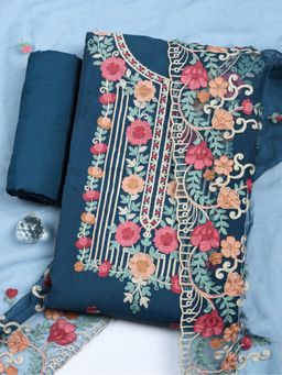 MEENA BAZAAR - Embroidered Blue Cotton Unstitched Kurta with Pant and Dupatta