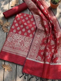 MEENA BAZAAR - Woven Maroon Chanderi Unstitched Kurta with Pant and Dupatta