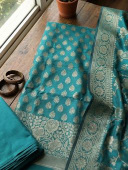 MEENA BAZAAR - Woven Green Chanderi Unstitched Kurta with Pant and Dupatta