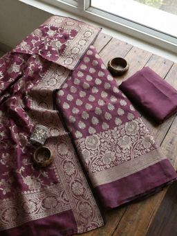 MEENA BAZAAR - Woven Wine Chanderi Unstitched Kurta with Pant and Dupatta