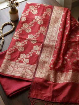 MEENA BAZAAR - Woven Maroon Chanderi Unstitched Kurta with Pant and Dupatta