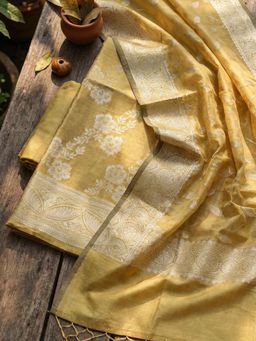MEENA BAZAAR - Woven Mustard Chanderi Unstitched Kurta with Pant and Dupatta