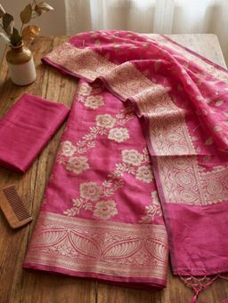 MEENA BAZAAR - Woven Pink Chanderi Unstitched Kurta with Pant and Dupatta
