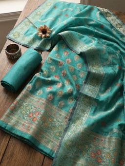 MEENA BAZAAR - Woven Green Chanderi Unstitched Kurta with Pant and Dupatta